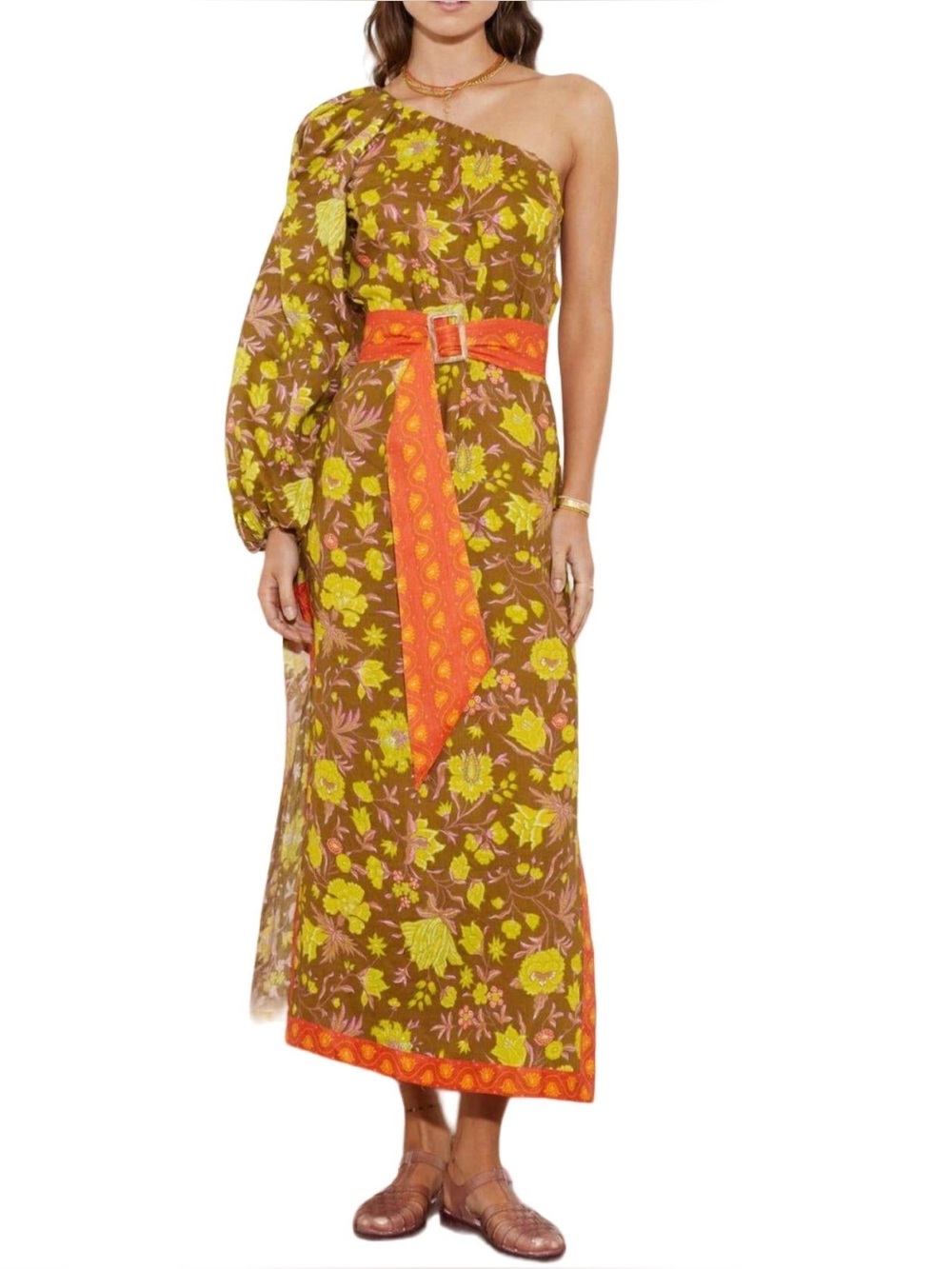 Boteh‎ One-Shoulder Floral Maxi Dress in Brown, Lime & Orange